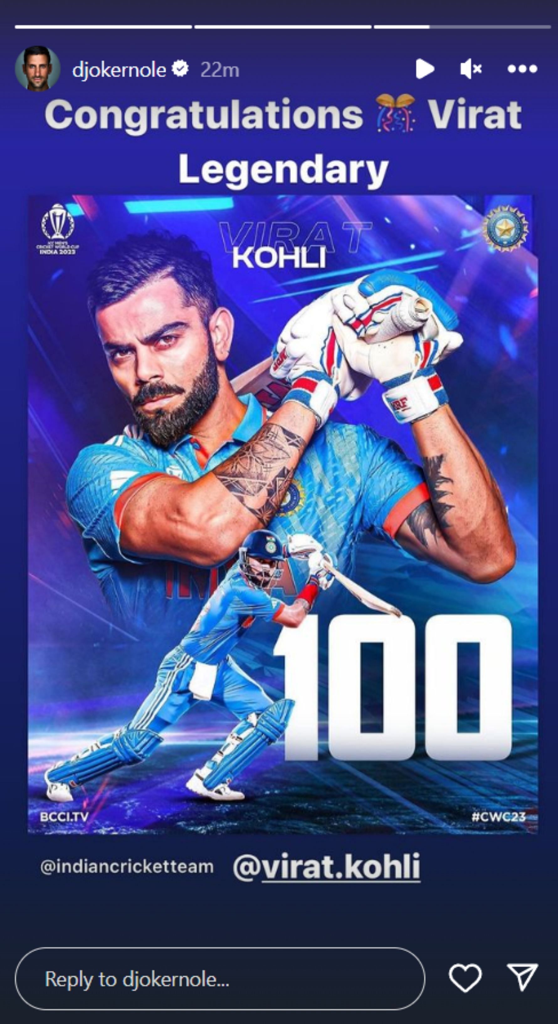 Novak Djokovic's latest Instagram story after Kohli's 50th ODI century.
